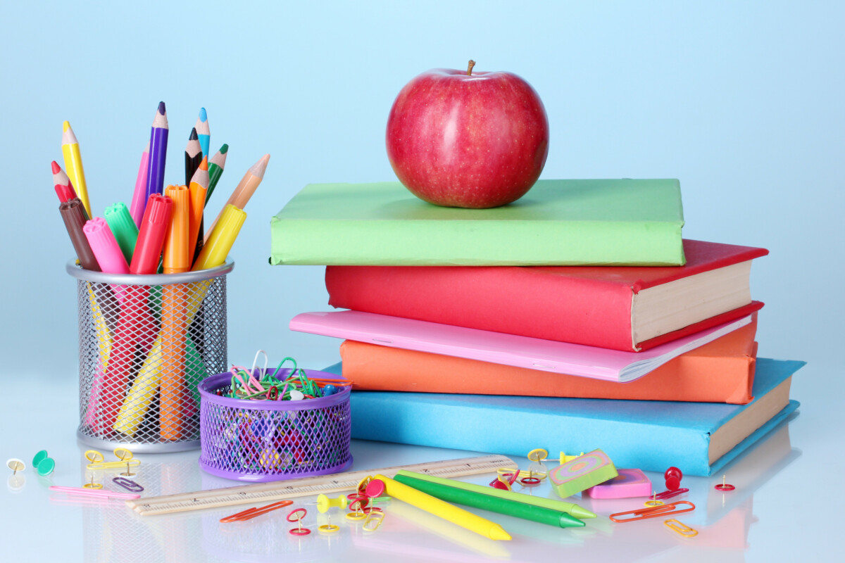 school desk with books